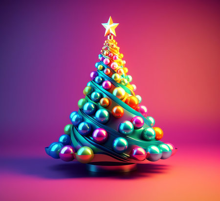 Generative AI : Creative artistic composition made of lollipops Christmas trees firtree branches and stars on a blue wooden background Bright colorful background for congratulationの素材