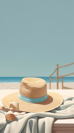 Generative AI : Concept for a beach vacation template background Hat smartphone suntan lotion sunglasses towel lie on a wooden white chaise longue in the sunの素材