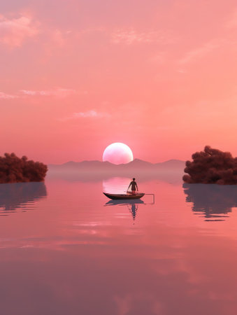 Generative AI : Dawn on the sea and a lonely boat A gentle romantic landscape in pink tonesの素材
