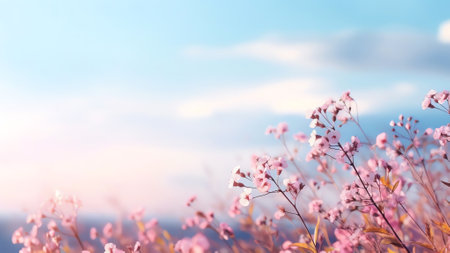 Generative AI : Floral spring natural landscape with wild pink lilac flowers on meadow and fluttering butterflies on blue sky background Dreamy gentle air artistic image Soft focusの素材