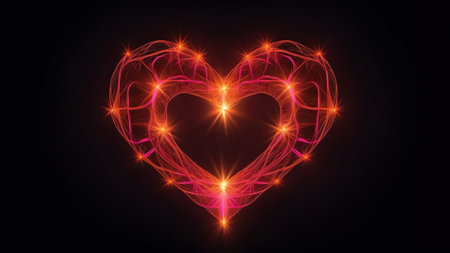 Generative AI : Big heart made of textured fabric with a beautiful light sequins and neon inscription Love on a dark background The concept for a wedding Valentines Day birthdays Rの素材