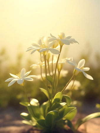 Generative AI : Surprisingly beautiful soft elegant white spring small flower with buds on a green background in the rays of sunlight macro Beautiful exquisite graceful easy airy aの素材