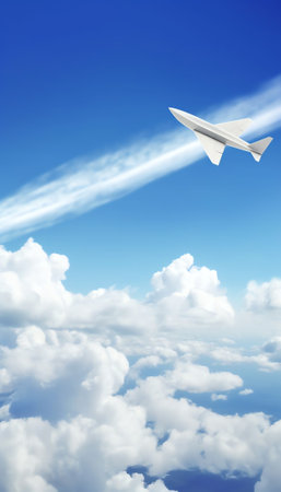 Generative AI : Image of airplane hovering in clouds from feathers of white bird with a shadow and inscription Follow your dream on blue background Concept of dream of inspirationの素材