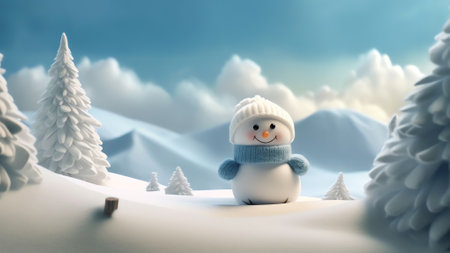Generative AI : Cheerful snowman of snowdrifts on snow outdoors on nature in sunny day with copy space flat lay Christmas snowy backdrop backgroundの素材