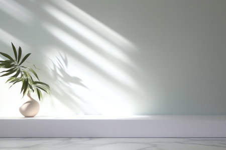 Generative AI : Minimal abstract light olive background for product presentation Shadow of tropical leaves from window on wallの素材
