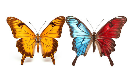 Generative AI : Set two beautiful colorful bright multicolored tropical butterflies with wings spread and in flight isolated on white background closeup macroの素材