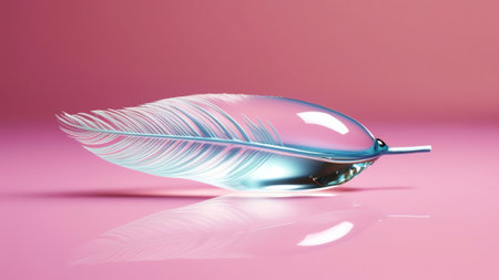 Generative AI : Feather pink bird with sparkles and transparent drop of dew water sparkles in the rays of bright light closeup macro Glamorous sophisticated airy artistic image onの素材