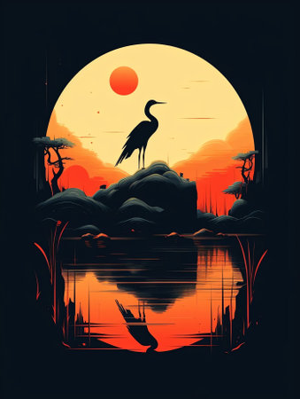 Generative AI : Silhouette of heron in nature at sunset over oceanの素材