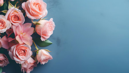 Generative AI : Flower spring summer composition from pink flowers of roses on light blue wooden background top view in country style flat lay copy spaceの素材