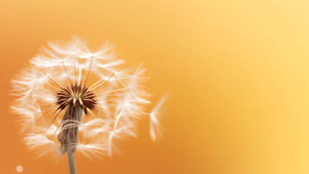 Generative AI : Two beautiful light parachute dandelion flower in droplets of water on a yellow background closeup macro Gentle airy abstract artistic imageの素材