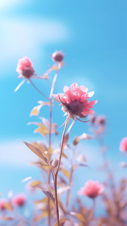 Generative AI : Ladybug closeup on a fluffy lower plant Gentle soft fluffy flower with a ladybug on a light blue background Background in pastel colorsの素材