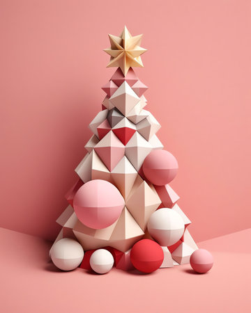 Generative AI : Creative Christmas tree with golden and red balls isolated on pink background Banner for New Years greetingsの素材