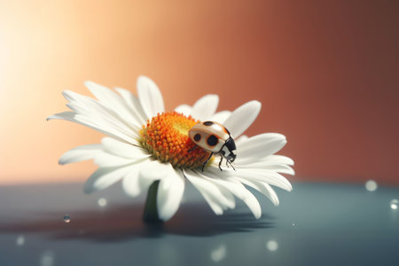 Generative AI : Ladybug on white flower on light blue background in rays of light with a soft focus on nature outdoors macro Spring summer romantic tender wallpaper card template fの素材