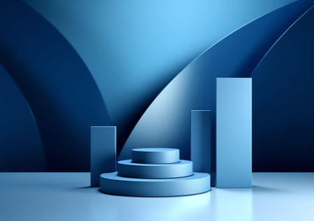 Generative AI : Original widescreen background image in minimalistic design with geometric shapes of light and shadow for presentation of various products in greyblue tonesの素材
