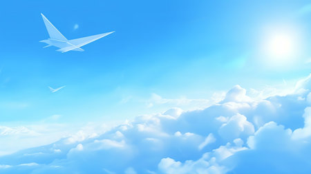 Generative AI : Plane of white bird feathers on background of blue texture paper with shadow Creative dreamy airy easy artistic image of airplane in sky with clouds Template borderの素材