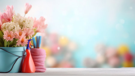 Generative AI : Spring fresh flowers of anemone in color vases in buckets with smale on a white wooden table against background of spring forest on nature outdoors in sunny day witの素材