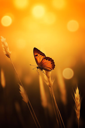 Generative AI : Golden butterfly glows in the sun at sunset macro Wild grass on a meadow in the summer in the rays of the golden sun Romantic gentle artistic image of living wildliの素材
