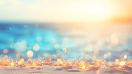 Generative AI : Natural blurred defocused background for concept summer vacation Nature of tropical summer beach with rays of sunlight Light sand beach ocean water sparkles againstの素材