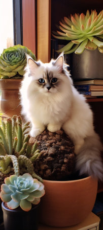 Generative AI : Cute white fluffy kitten between flower pots with plants on steps of houseの素材