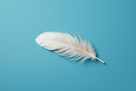 Generative AI : White light airy soft bird feather with transparent fresh drops of water on turquoise blue background closeup macro Delicate dreamy exquisite artistic image of theの素材