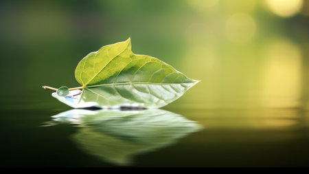 Generative AI : White transparent leaf on mirror surface with reflection on turquoise background macro Artistic image of ship in water of lake Dreamy image nature free spaceの素材