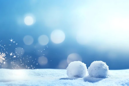 Generative AI : Winter snow background with snowdrifts beautiful light and snow flakes on blue sky beautiful bokeh circles copy spaceの素材