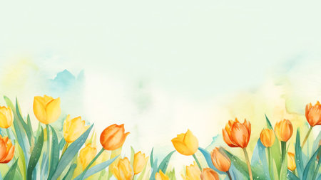 Generative AI : Spring floral template background with free space for text A beautiful bouquet of yellow flowers tulips with ladybug in nature on meadow closeup of macro in sunlighの素材