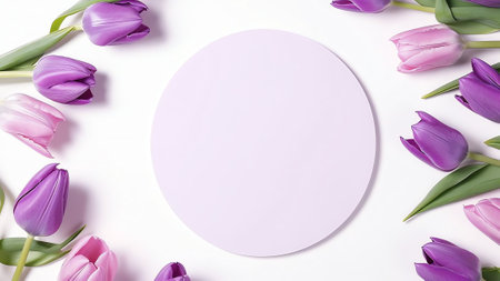 Generative AI : Many flowers pink tulips arranged in a circle on white background Template for congratulations with free space for messages top viewの素材