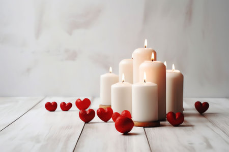 Generative AI : Two small heart and candlestick candle in form of big red heart on light wooden texture word love volumetric letters Greeting card design concept wallpaper for loveの素材