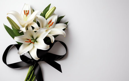 Generative AI : A beautiful floral arrangement with white lilies and an empty sheet of paper for congratulations A bouquet of flowers on a white background with copy spaceの素材