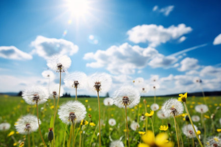 Generative AI : Beautiful meadow field with fresh grass and yellow dandelion flowers in nature against a blurry blue sky with clouds Summer spring perfect natural landscapeの素材