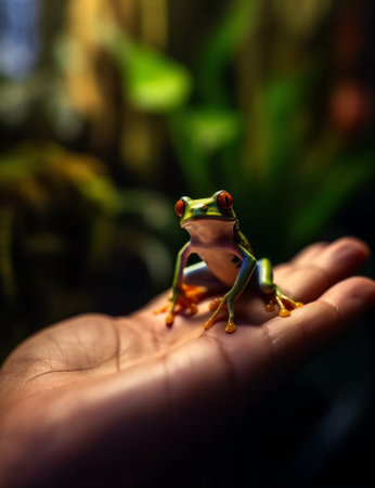 Generative AI : A little pretty lovely green cute frog sitting on a finger closeup of a macro A concept for protecting animals taking care of natureの素材