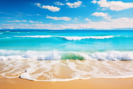 Generative AI : Beautiful background image of tropical beach Bright summer sun over ocean Blue sky with light clouds turquoise ocean with surf and clear sand Harmony of clean envirの素材