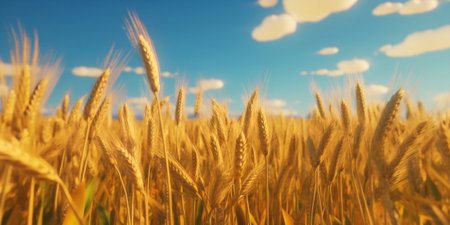 Generative AI : Beautiful field of ripe wheat of golden color against blurred background of blue sky Natural panoramic view of tranquil peaceful rural landscapeの素材