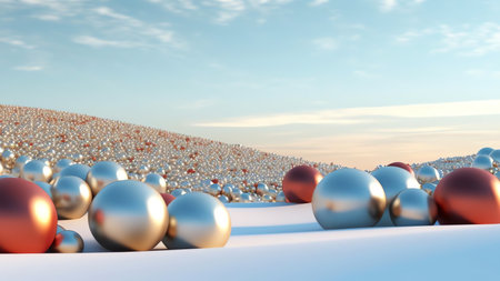 Generative AI : Beautiful Christmas panoramic background with snowflakes and christmas red and white balls in snow against blue sky and snowfall New Year congratulatory bannerの素材