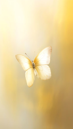 Generative AI : Amazingly beautiful delicate soft butterfly on a beautiful golden background Soft dreamy tender artistic image butterfly form for postcard or wallpaper for desktopの素材