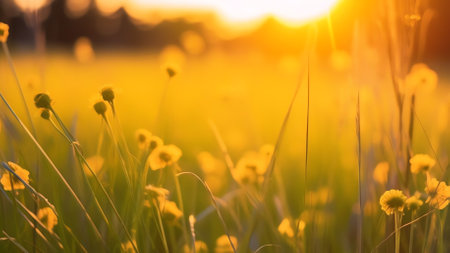 Generative AI : Beautiful summer natural background with yellow white flowers daisies clovers and dandelions in grass against of dawn morning Ultrawide panoramic landscape banner fの素材