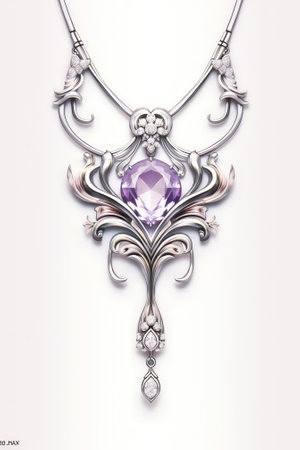 Generative AI : Beautiful elegant luxury composition of from silver and platinum jewelry with ring flower pendant and big amethyst gemstone and diamonds on light silvery backgroundの素材