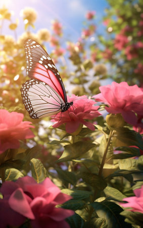 Generative AI : Beautiful atmospheric depiction of hydrangea flowers and yellow butterfly sitting on pink flower and illuminated by soft rays of sun in natureの素材