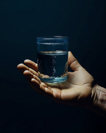 Generative AI : A hand holds a glass under a stream of clear transparent cold water from a tap on a blue background closeup of a macroの素材