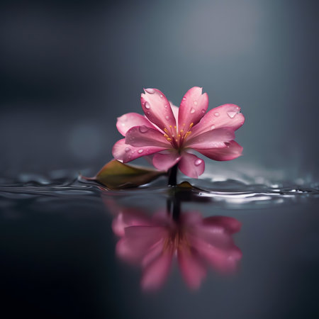 Generative AI : Branch with drops of dew or rain with flower reflection macro Soft delicate blurred pink background Beautiful romantic artistic image natureの素材
