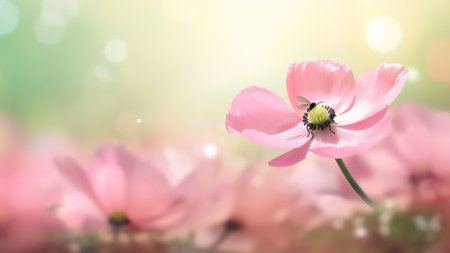 Generative AI : Beautiful pink anemone flower on spring yellow meadow and flying bumblebee macro on soft blurry light green background Concept hot summer in sunshine in nature brigの素材