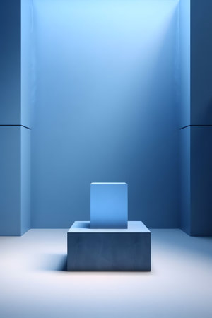 Generative AI : Beautiful versatile backdrop for product design and presentation with blue wall light reflections and concrete floorの素材
