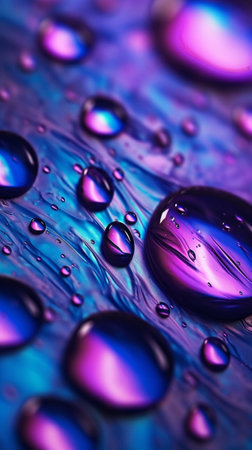 Generative AI : Beautiful large transparent water drops or rain water on blue purple turquoise soft background macro Elegant delicate artistic image natureの素材