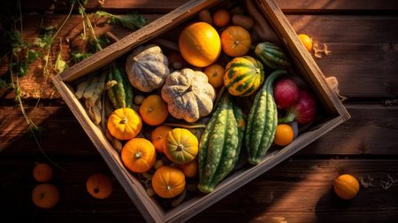 Generative AI : Creative composition of red tomatoes and yellow pepper in a box on a wooden brown table top view flat lay in vintage style copy spaceの素材