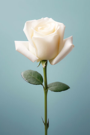 Generative AI : Beautiful white rose with green leaf on a pearl pink necklace on white background macro Gentle artistic image for congratulationsの素材