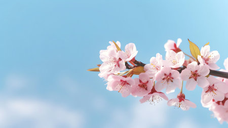 Generative AI : Branches of blossoming cherry macro with soft focus on gentle light blue sky background in sunlight with copy space Beautiful floral image of spring nature panoramiの素材