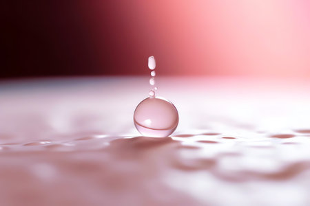 Generative AI : Drop falling from a pipette in a beautiful burgundy background closeup macro Drop essential oil essences or other liquid in the dropperの素材
