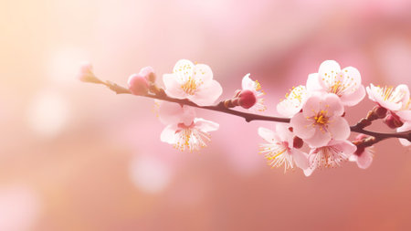 Generative AI : Flowering pink flowers cherry macro closeup outdoor on soft blurred light background Spring floral border desktop template wallpaper a postcard Romantic soft gentleの素材
