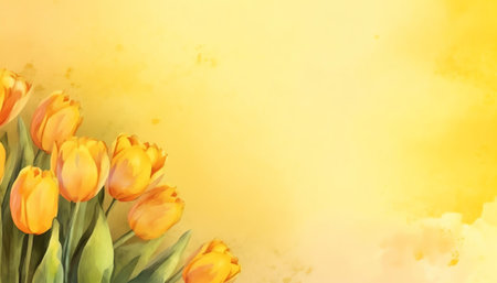 Generative AI : Spring floral template background with free space for text A beautiful bouquet of yellow flowers tulips with ladybug in nature on meadow macro in rays of sunlight Bの素材